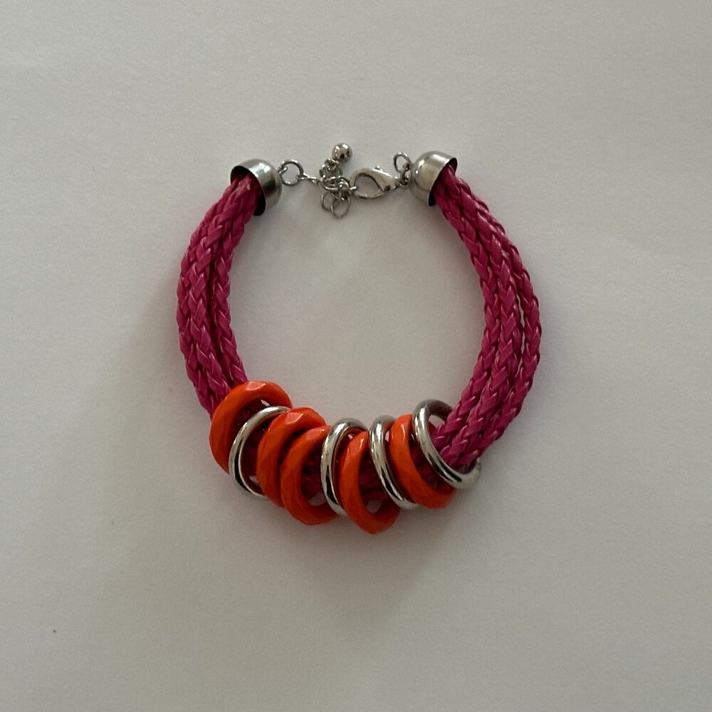 Boho Chic Colorful Bracelet Pink Braided Cords w Fun Orange Silver Rings